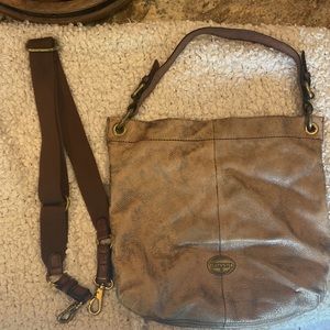 FOSSIL "EXPLORER" Hobo Gold Cowhide Leather CONVERTIBLE Shoulder Crossbody Purse